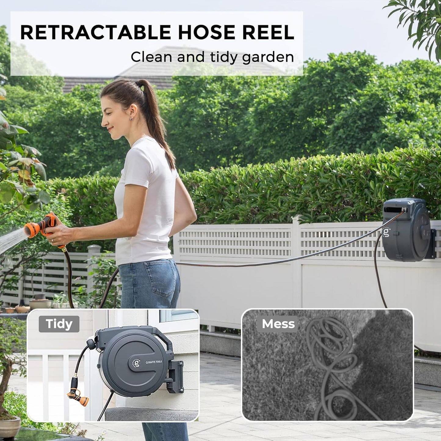 Giraffe Tools AW405/8MB Retractable Garden Hose Reel 5/8" x 90 ft PRO Metal Bracket, Heavy Duty, Any Length Lock Hose Reel, 90ft, Dark Grey