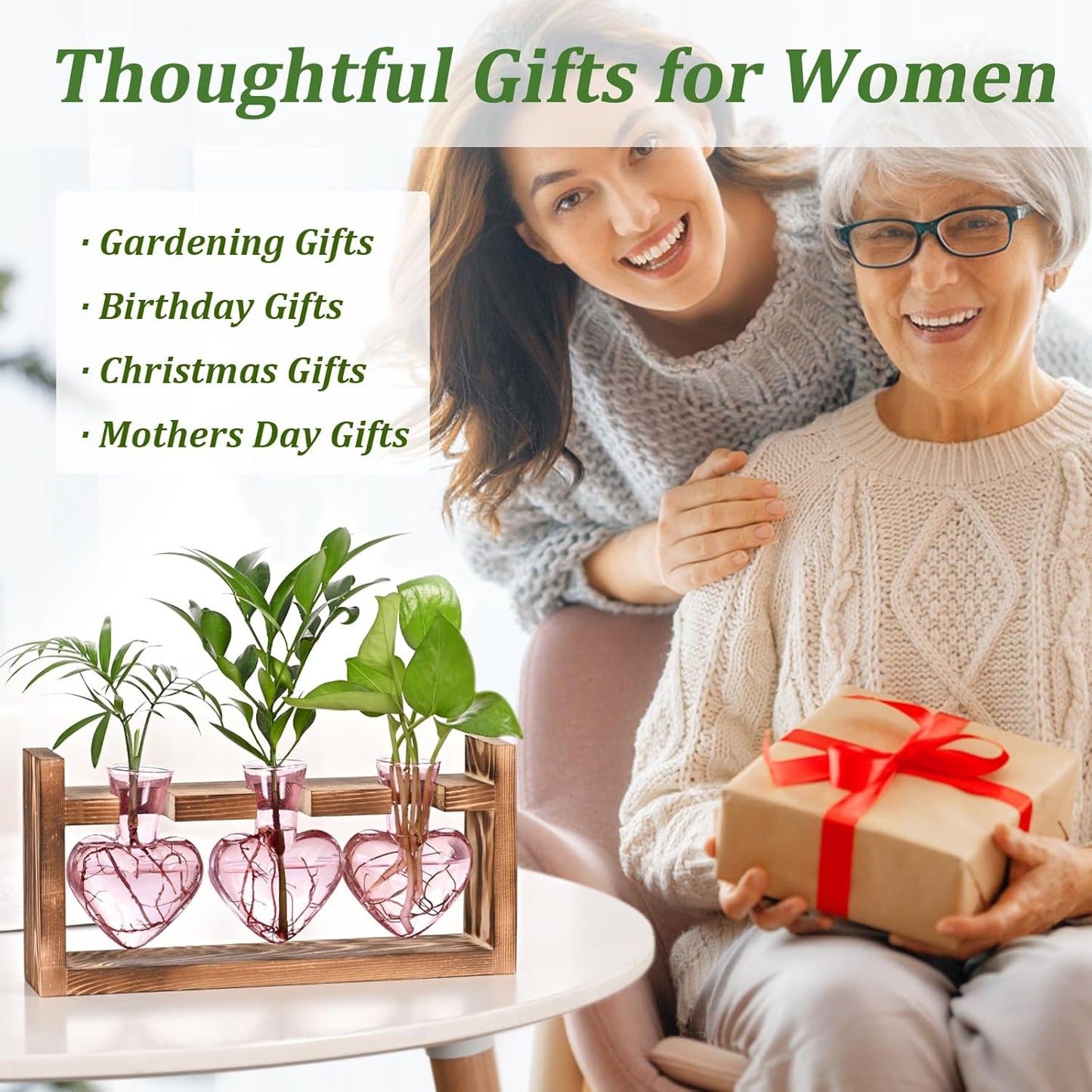 Lifecapido Heart Shaped Propagation Stations, Plant Terrarium with Wooden Stand, Plant Propagation Station for Hydroponics Plants Office Garden Home Decor, Gifts for Women Plant Lover (3 Vases, Pink)