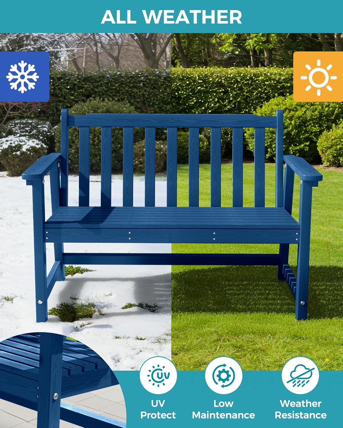 Outdoor Bench, 2-Person HDPE Garden Bench, All Weather Poly Patio Bench for Outdoors, Garden, Backyard, Porch and Park, 550 lbs Weight Capacity, Navy Blue