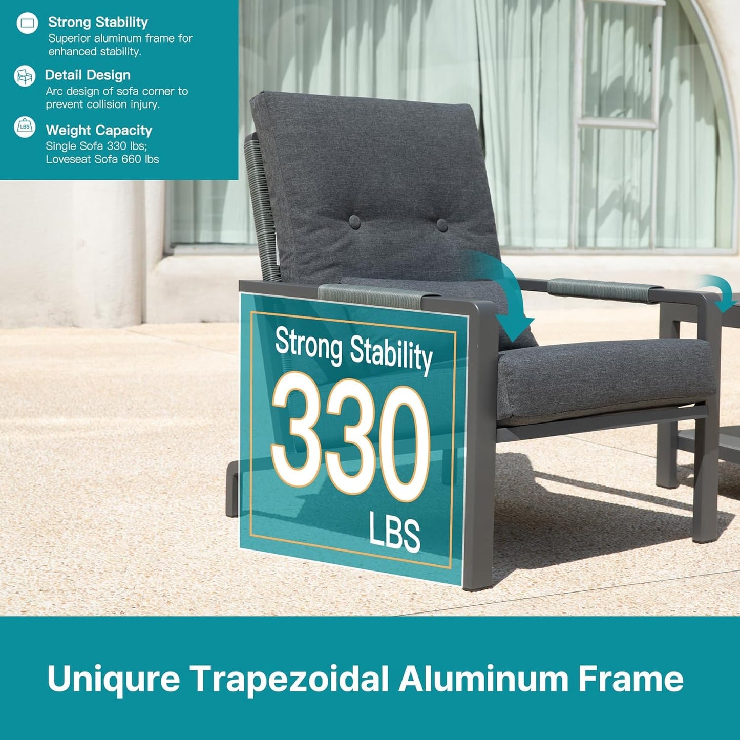 3 Piece Outdoor Bistro Set, Rattan Patio Furniture with Aluminum Frame & Coffee Table, Waterproof Cushion Fabric, High Elastic Sponge, Grey Terrace Patio Set