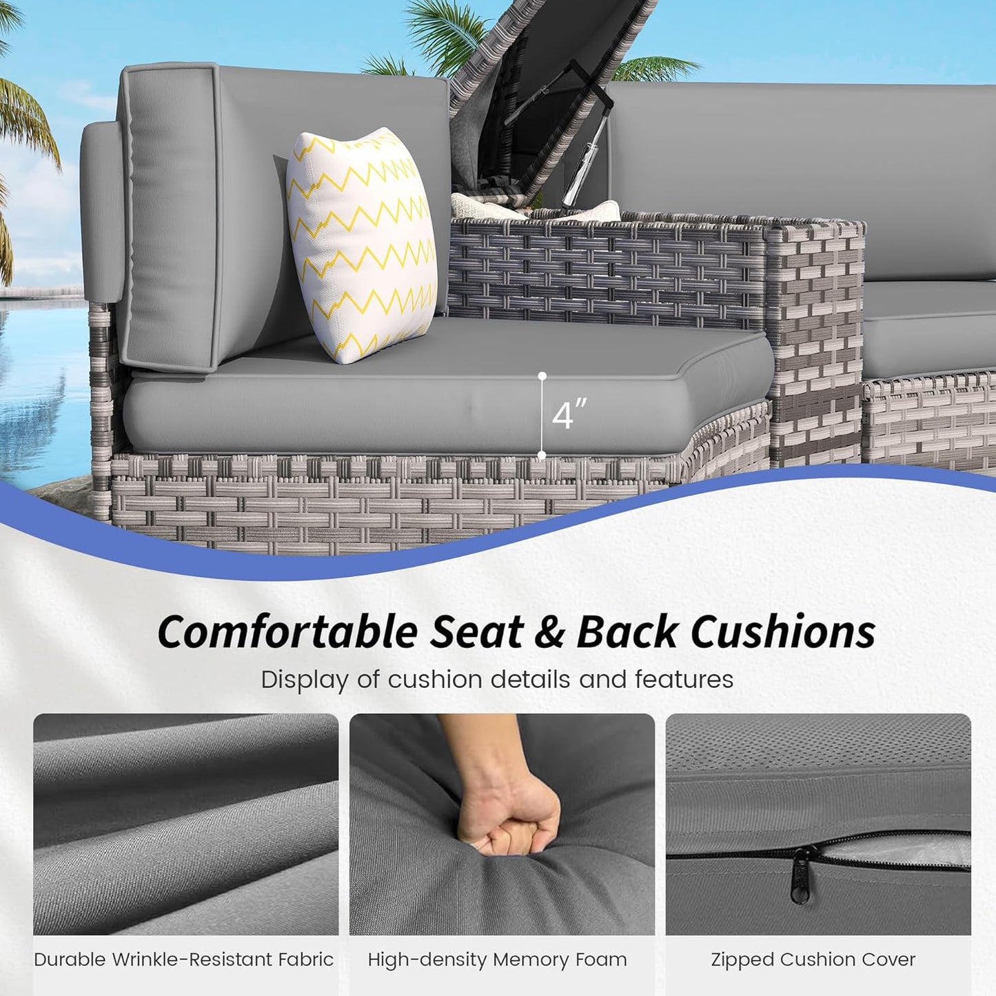 Patio Sectional Furniture Outdoor 12-Piece Grey Rattan Curved Sofa Set with Fire Pit Table,Storage Table,Pillows,Fit for Pool Backyard Balcony Porch Lawn (Grey)