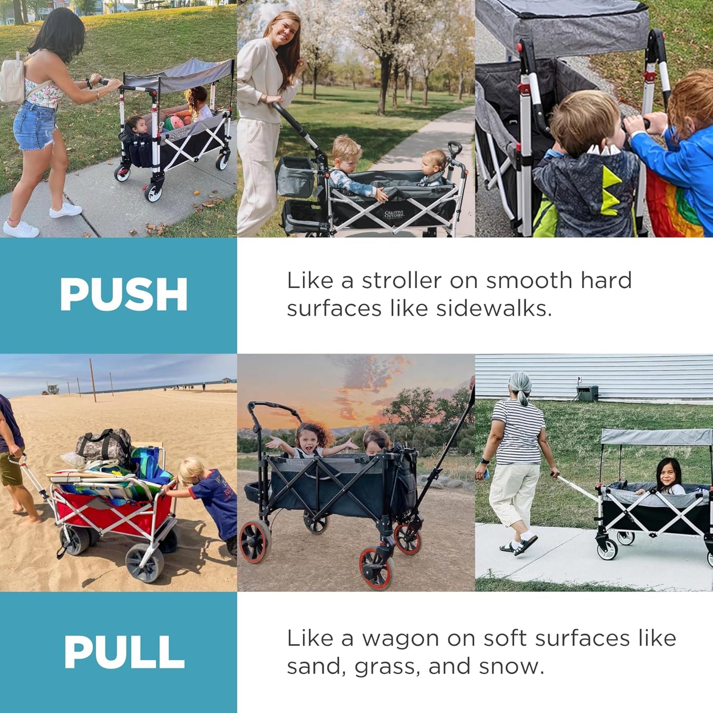 Creative Outdoor Wagon for Kids Push Pull Collapsible Stroller with Canopy Folding Cart | Titanium Series Plus | Beach, Park, Garden (Solid Teal)