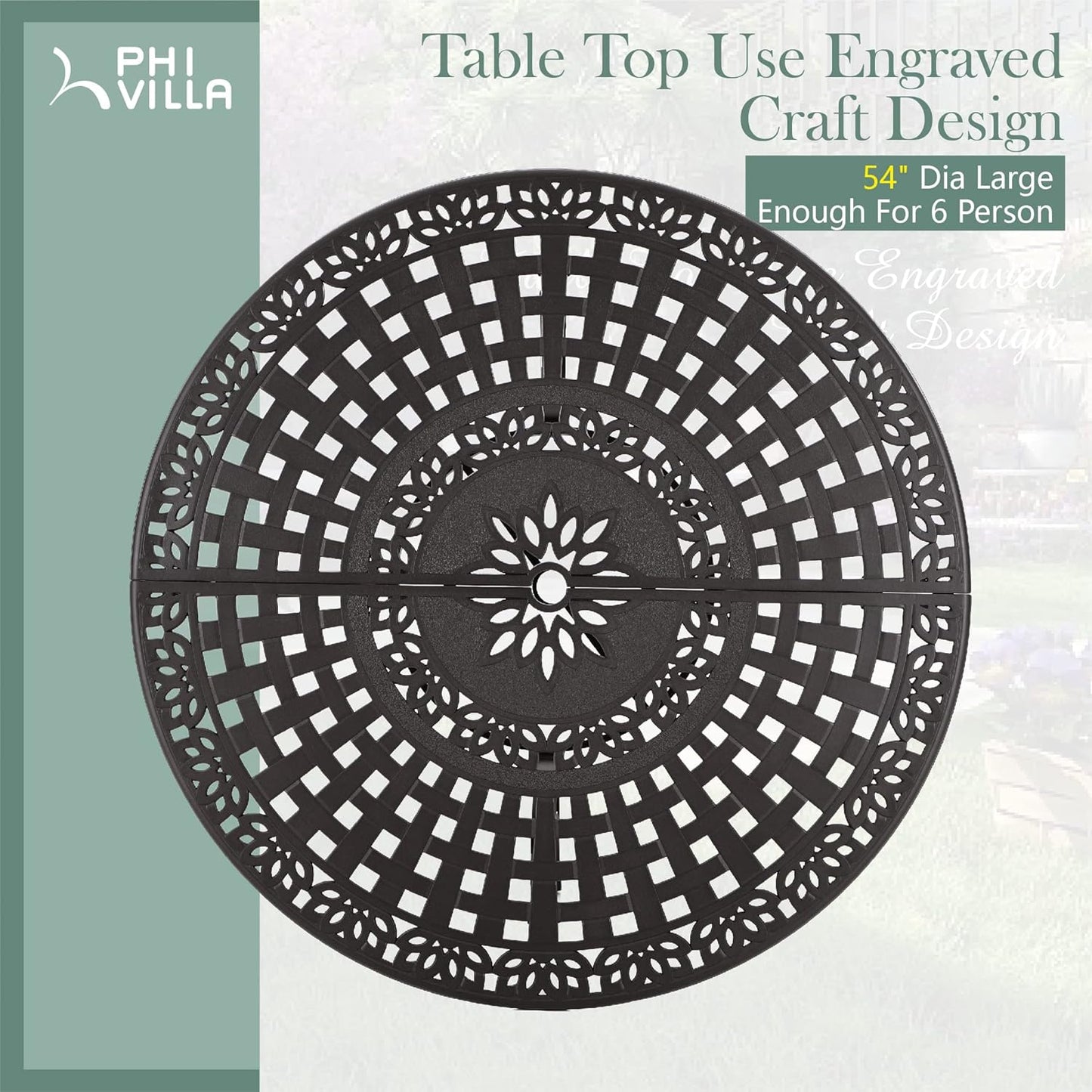 PHI VILLA Cast Aluminum Round High Bar Dining Tables for 6 Person, 54" Dia Engraved Cast-Top Aluminum Table with 2.1" Umbrella Hole, Patio Bar Height Table for Lawn Garden