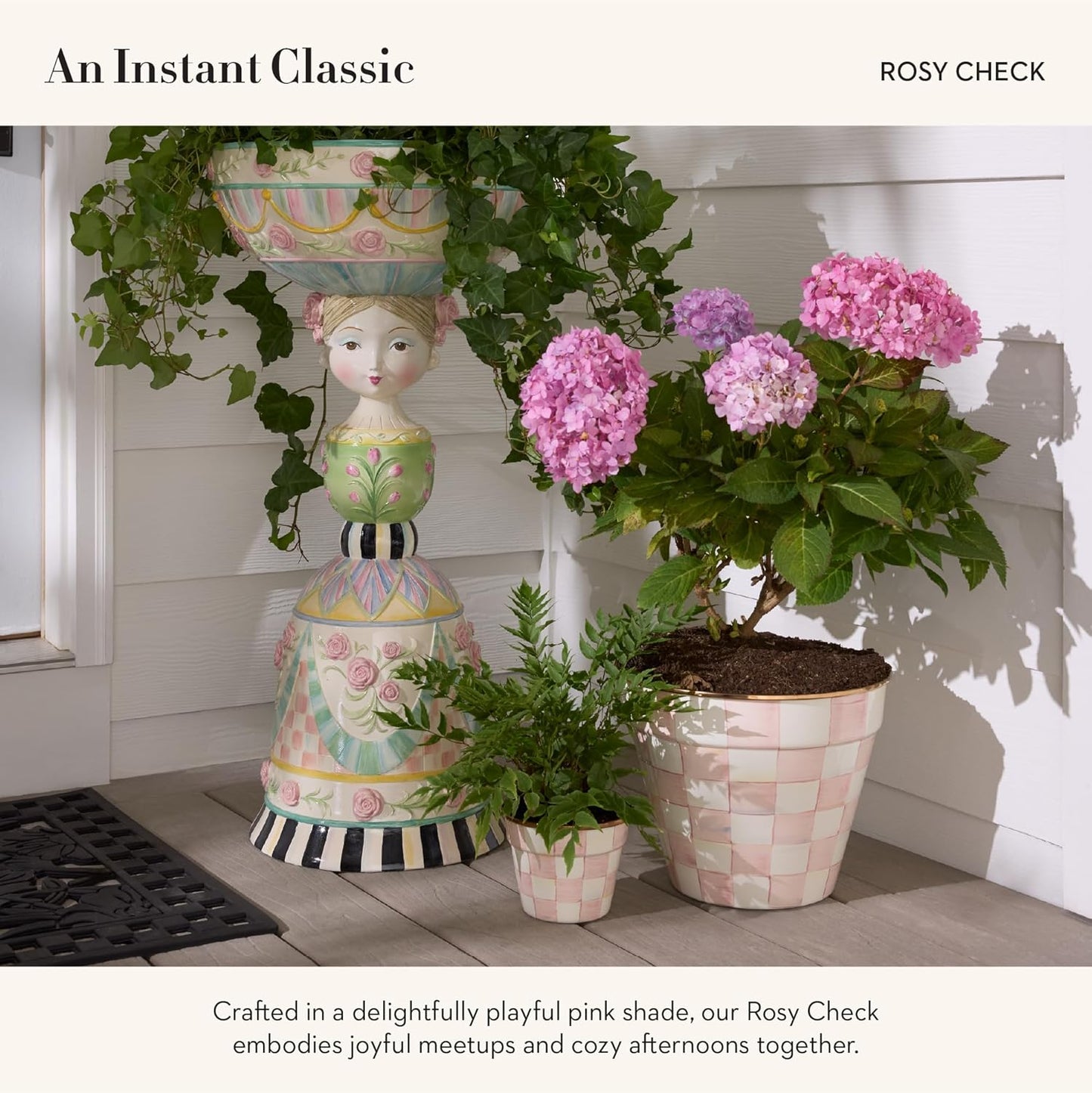 MACKENZIE-CHILDS Enamel Garden Pot, Decorative Pot for Plants, Outdoor Flowerpot Decor, Extra Large, Pink-and-White Rosy Check