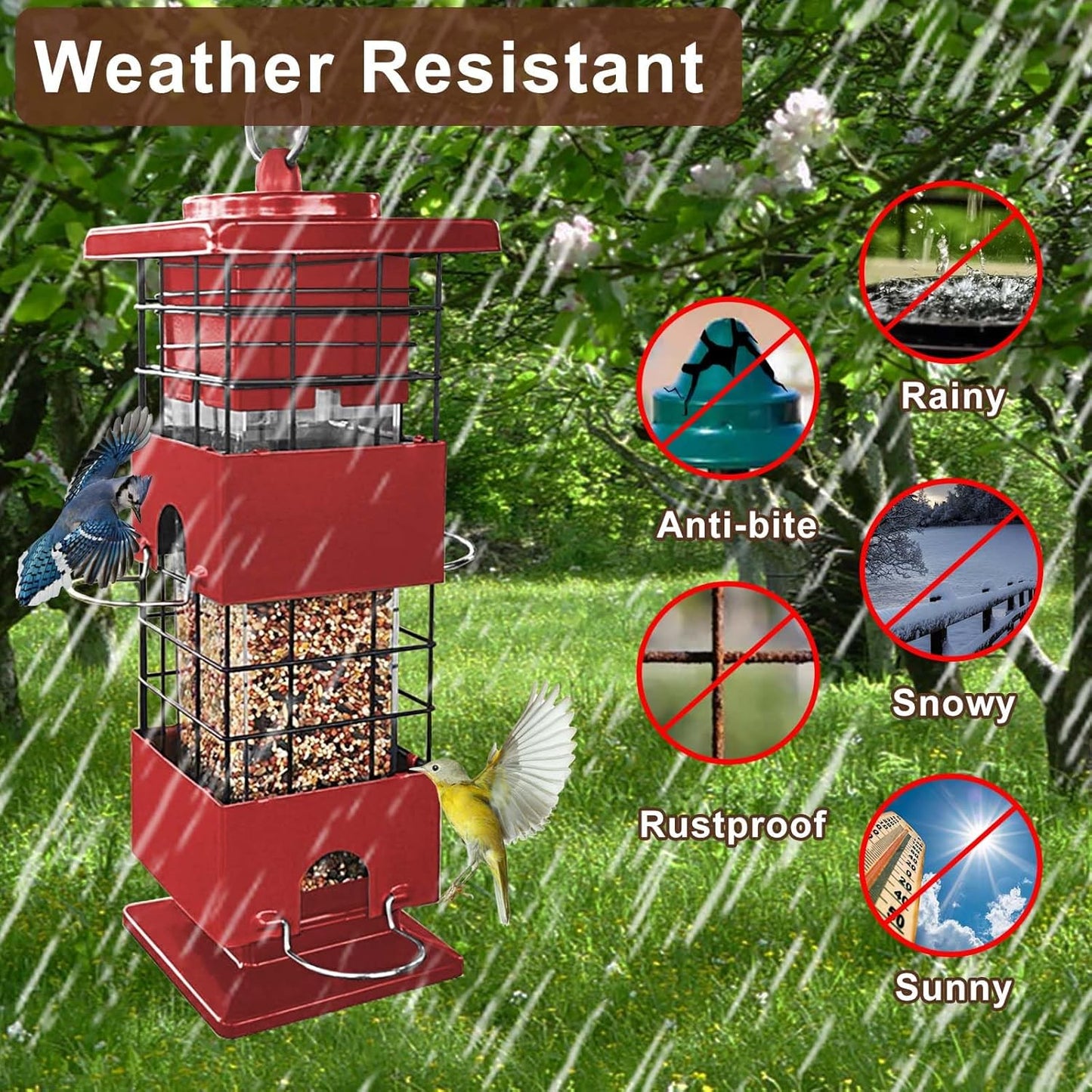 Squirrel Proof Bird Feeder, 3LBS Large Capacity Hanging Bird Feeders for Outdoors, Weight-Activated Perches Metal Anti-Squirrel Birdfeeder for Blue Jay, Cardinal, Outside (Red)