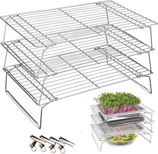 Sprouts Growing Rack 3-Tier 14 inch Shelf, Metal Foldable Plant Stand for Sprouting Tray Indoor, Seed Starting Tray Plant Shelf, Silver Rack for Kitchen Table Top Space Saving