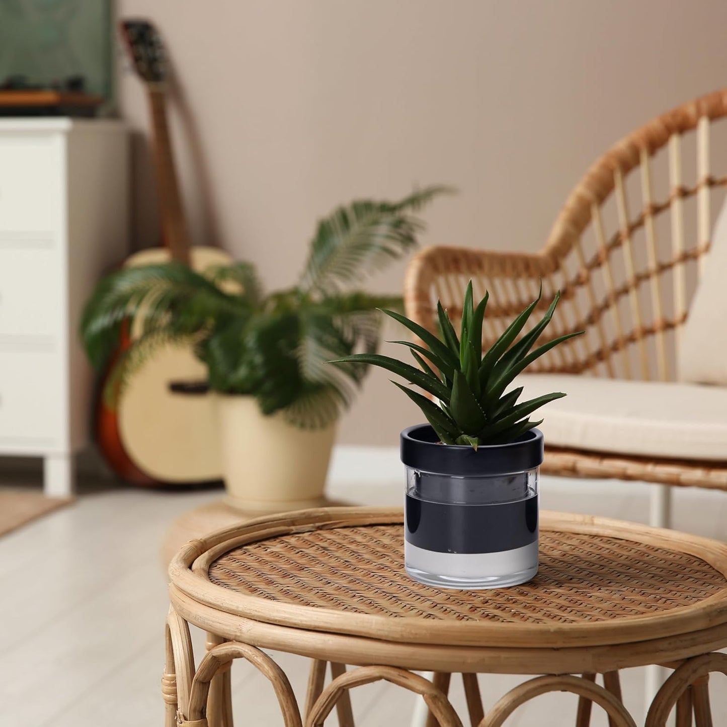 Phoenix Vine 4 Inch Self Watering Planter Pot, Black Terracotta Clay Pot with Glass Reservoir for Indoor Plants, Herbs, Flowers, Set of 4, 52-C-E-4