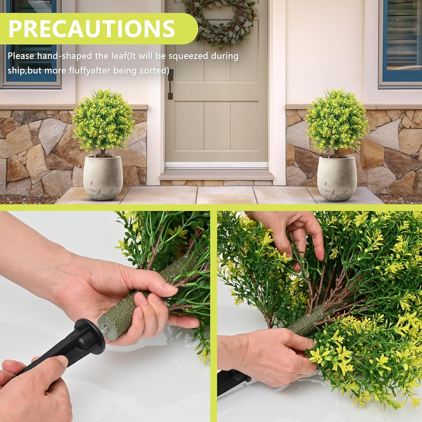 28" Artificial Boxwood Topiary Tree Yellow– UV Resistant Outdoor Faux Topiary Plant, Realistic Fake Topiary Bush for Porch, Patio, Front Door, Fake Evergreen Tree Home Decor