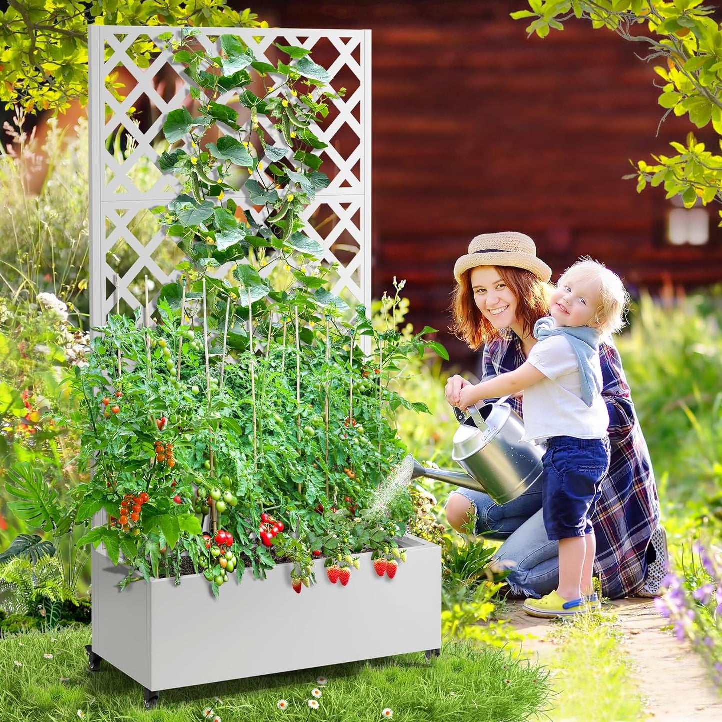 FENCY Metal Planter Box with Diamond Lattice Trellis Planter Box for Climbing Plants/Vines, Galvanized Raised Garden Bed On Wheels, Garden Bed with Trellis(73"x35" White)