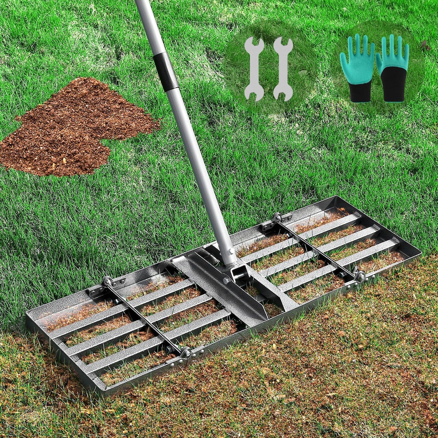 Lawn Leveling Rake, Lawn Leveler with Stainless Steel Long Handle, Heavy Duty Yard Level Tool for Leveling Soil, Sand Or Dirt Surfaces, Gardening Gloves Gift Included (30x10in)