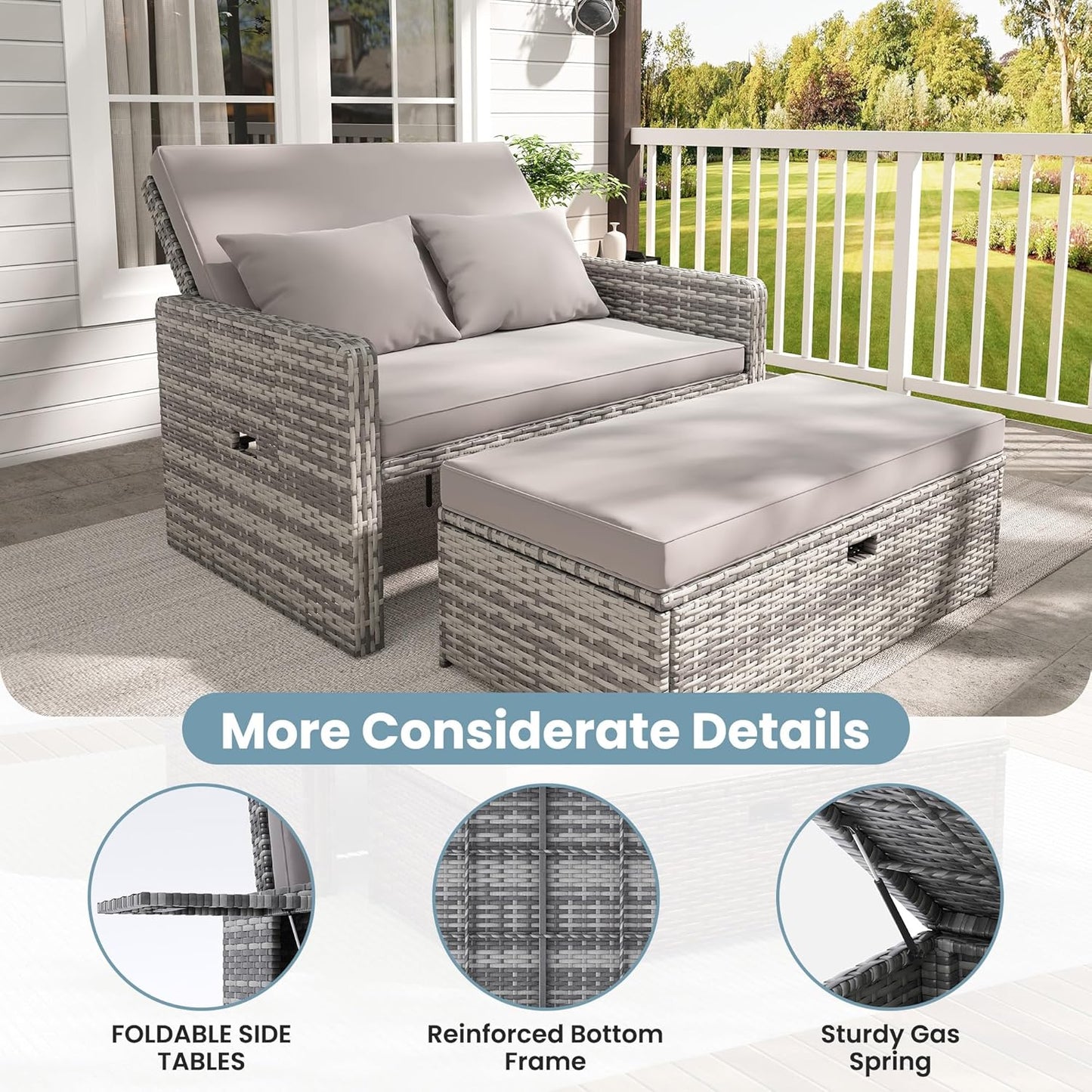 Amopatio Wicker Outdoor Daybed - Outdoor Loveseat with Storage Ottoman,4-Level Adjustable Backrest & Cushions, Patio Loveseat for Yard, Balcony, Porch, Garden, Poolside（Grey）