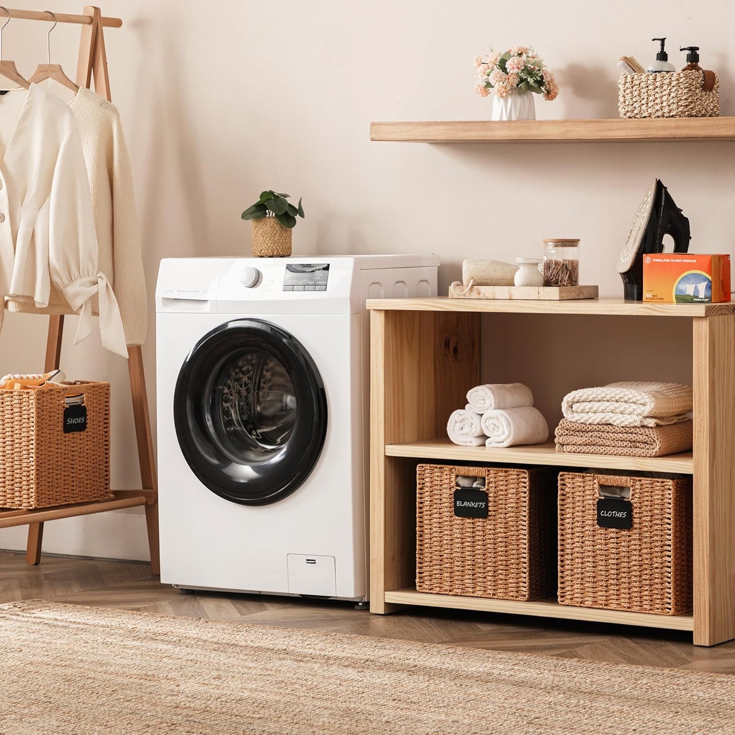 UBBCARE 4 Pack Wicker Basket, 12×12 Storage Cubes with Label, Foldable Cube Storage Bin with Handle, Square Storage Basket for Shelves, Woven Paper Rope Basket for Organizing, Caramel