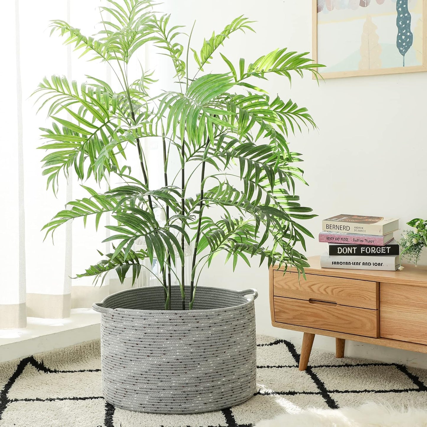 KAKAMAY Large Blanket Basket (20"x13"),Woven Baskets for storage Baby Laundry Hamper, Cotton Rope Blanket Basket for Living Room, Laundry, Nursery, Pillows, Grey with Blue & Brown Dotted