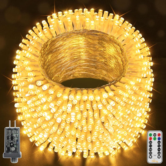 Ollny Christmas Lights Outdoor Waterproof, 1000LED 328FT Super Long String Lights with Remote 3 Timer, Plug in 8 Modes Fairy Light for Outside House Bedroom Xmas Decorations, Warm White