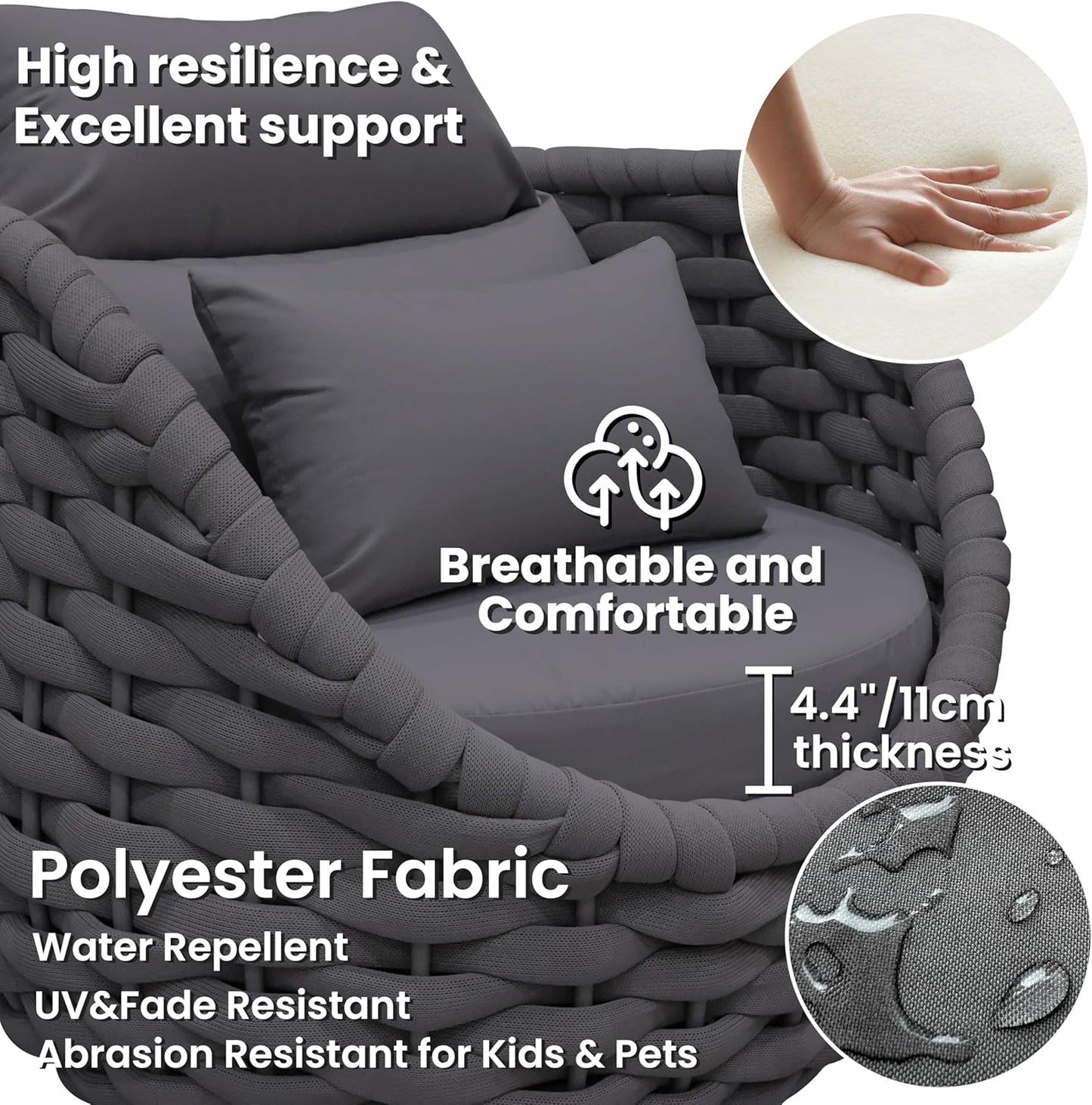 Aluminum Outdoor Patio Couch Set: 5 Pieces Woven Rope Porch Furniture Sofa Set - Metal Modern Deck Conversation Set - All Weather Assembled Courtyard Seating for Backyard Hotel Resort, Dark Grey