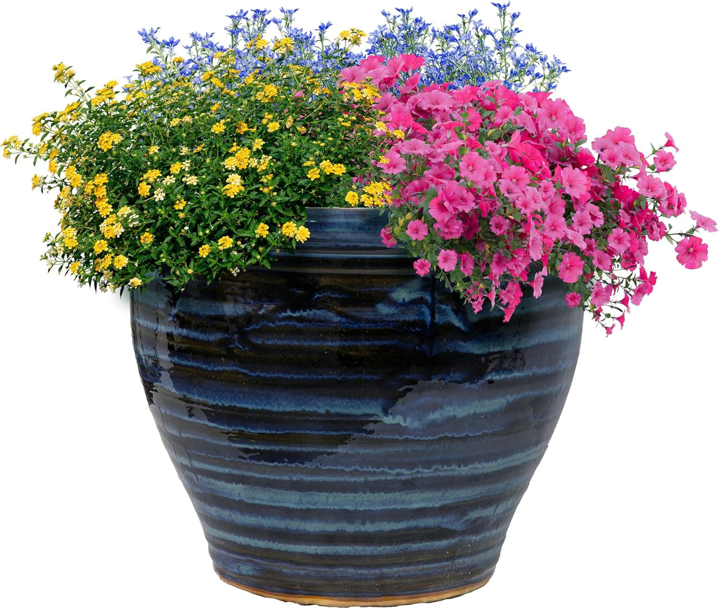 Sunnydaze Studio Large Ceramic Plant Pot - Round Outdoor Glazed Ceramic Planter Pot with Drainage - Galaxy Blue - 18.5"