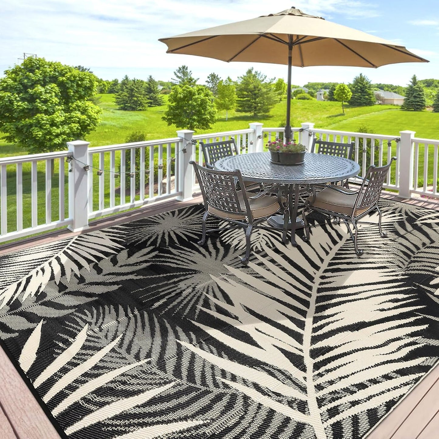 Outdoor Rug Waterproof for Patios Clearance, Reversible Outdoor Plastic Straw Rug Camping Carpet, Outside Floor Mats Large Area Rugs for RV,Patio,Deck,Porch,Beach, Balcony，8'x10',Black&Beige
