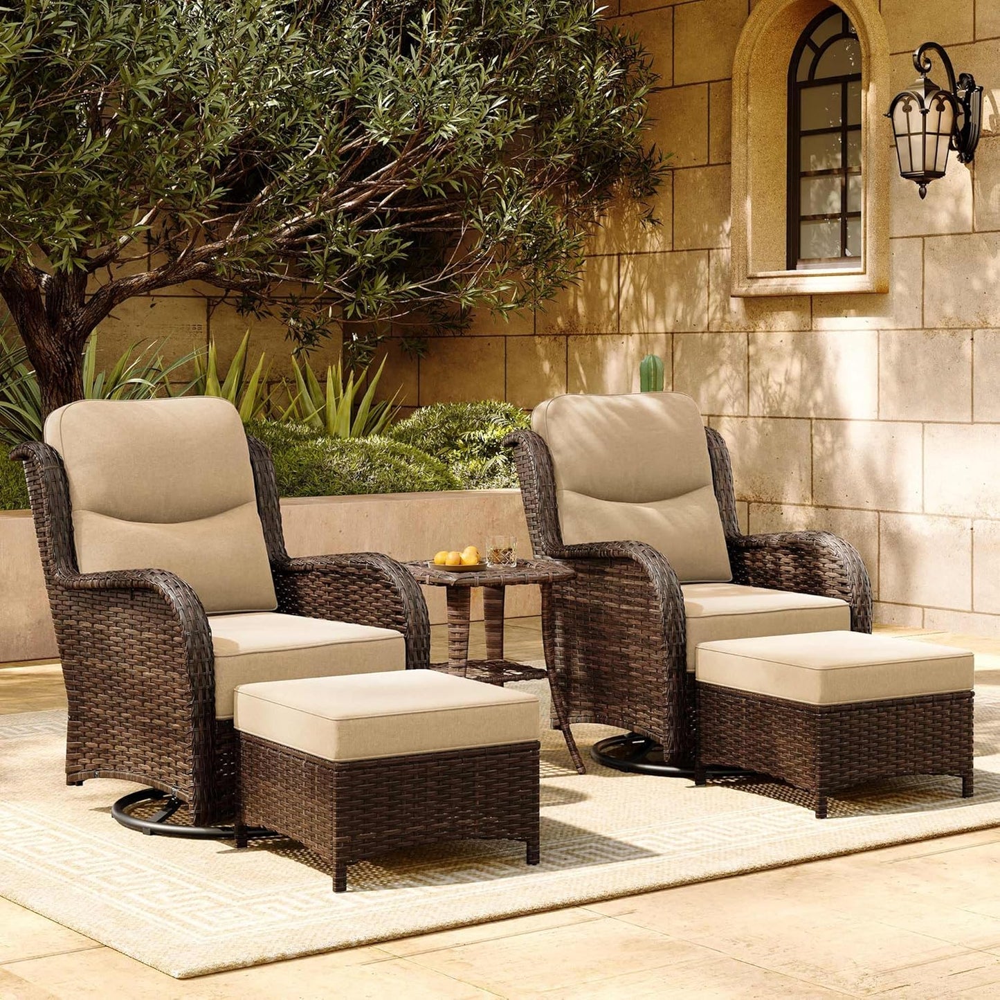 HILLGA Luxury Patio Furniture Set with 6-inch Thick Cushion, Outdoor High Back Swivel Rocker Patio Chairs, 5PCS Wicker Conversation Set for Deck Yard and Poolside, Beige (V2)