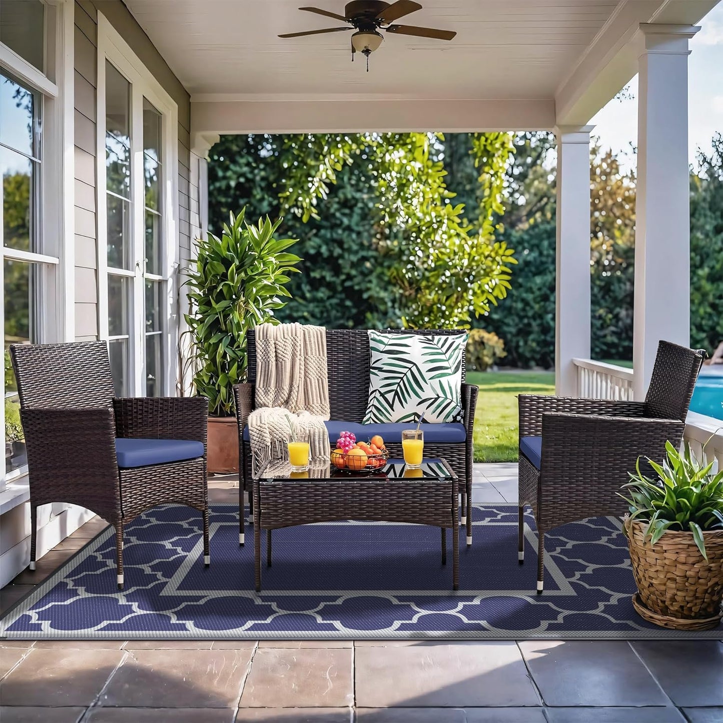 GENIMO Outdoor Rug 8' x 10' Patio Waterproof, Foldable Reversible Plastic Straw Area Rugs Mat for Camper Decor, Outside Carpet for Rv, Deck, Porch, Picnic, Beach, Balcony, Blue & Grey