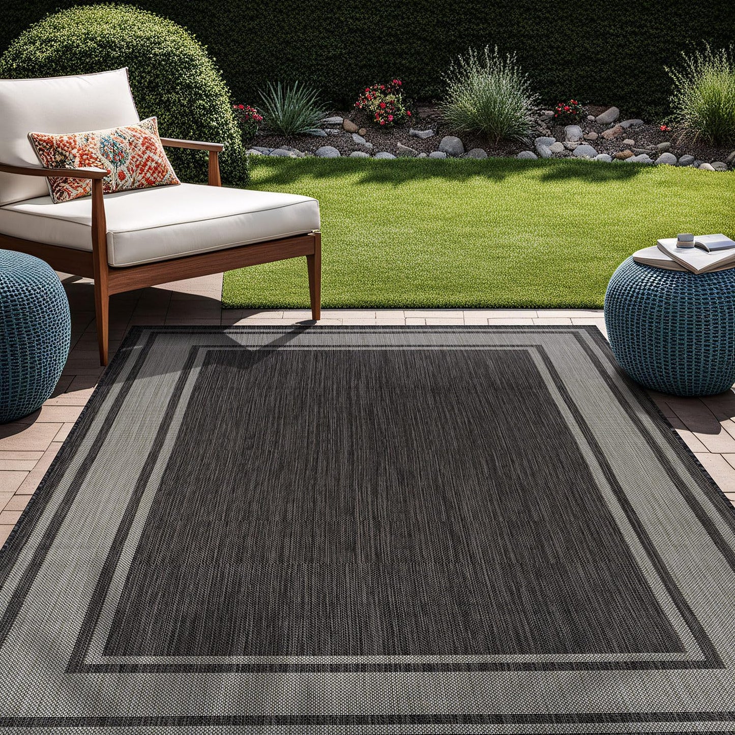 Beverly Rug Outdoor Rug 8x10 Modern Bordered Area Rugs for Indoor and Outdoor Patio Deck Porch Garden Waterproof Weather Sun Resistant Washable Outside Carpet (8 x 10 Dark Gray)