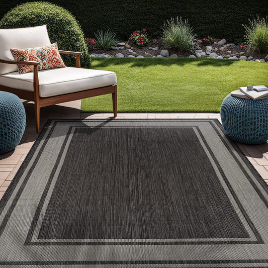 Beverly Rug Outdoor Rug 8x10 Modern Bordered Area Rugs for Indoor and Outdoor Patio Deck Porch Garden Waterproof Weather Sun Resistant Washable Outside Carpet (8 x 10 Dark Gray)