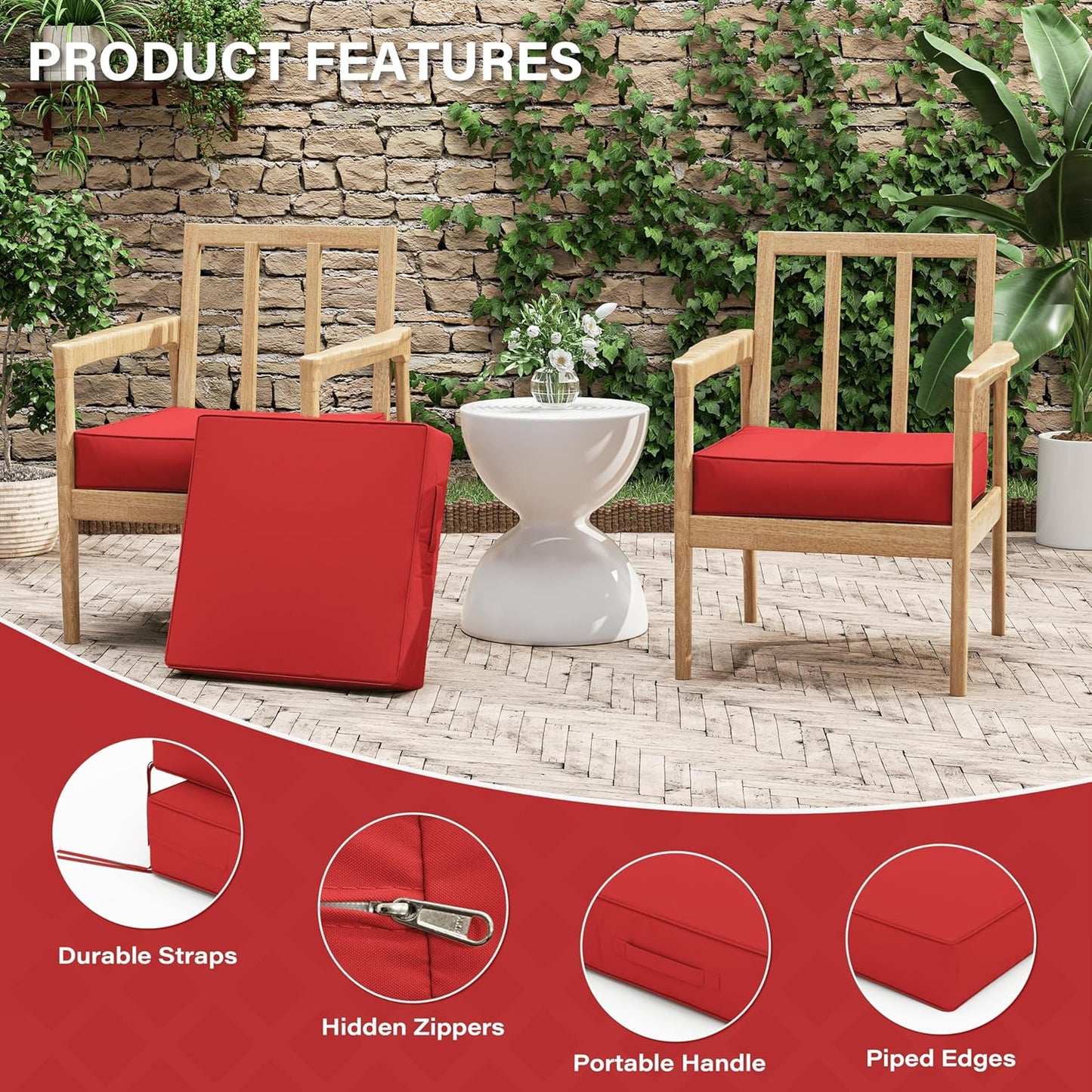 Patio Chair Cushions 19 X 19 X 4 Inch Waterproof Outdoor Seat Cushions for Patio Furniture, Outdoor Sofa Couch Pads with Ties & Handle, Set of 2, Red