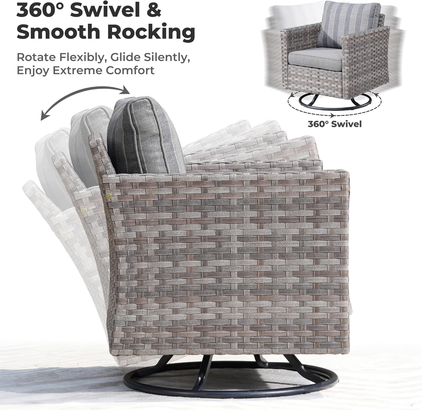 ovios 9 Pieces Patio Furniture Set, Outdoor Wicker Sectional Sofa with 42" Firepit Table Swivel Chair, Modern Modular Deep Seat Rattan Couch Conversation Sets, Dark Gray Stripe