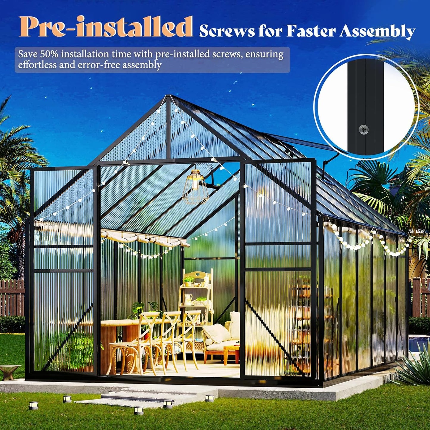 Amerlife 8x11.5x7 FT Polycarbonate Greenhouse for Outdoors, Walk-in Design with Aluminum Frame, 2 Windows and Swing Door, Heavy-Duty Greenhouse Construction for Garden, Black