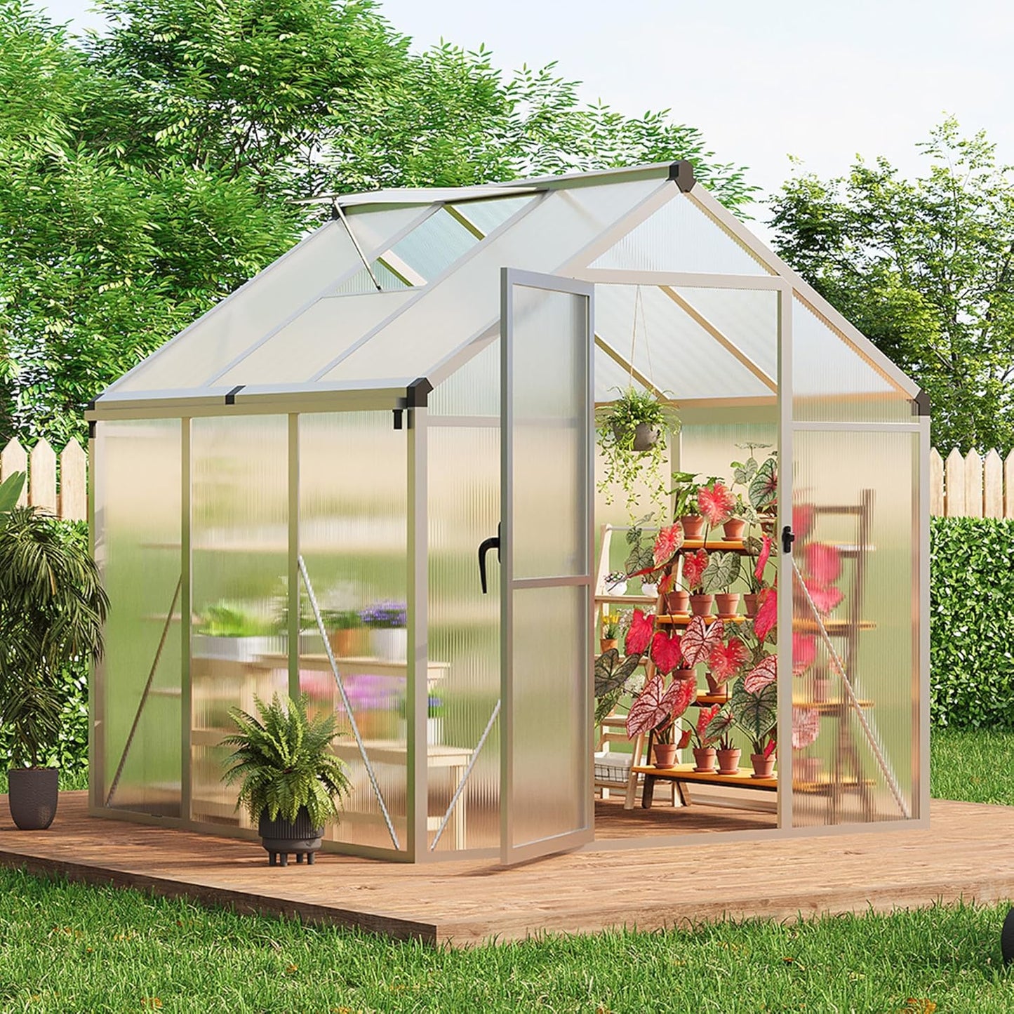 6 x 6 FT Greenhouse, Greenhouses for Outside, Polycarbonate Greenhouse with Aluminum Frame, Lockable Door and Ajustable Roof Vent for Backyard, Green Houses for Outside Garden Backyard, Patio