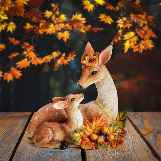 Garden Deer Statue Fall Animals Decor Resin Harvest Mother and Baby Deer Acorn with Maple Leaves Figurines Autumn Thanksgiving Indoor Outdoor Decorations Patio Yard Lawn Ornaments