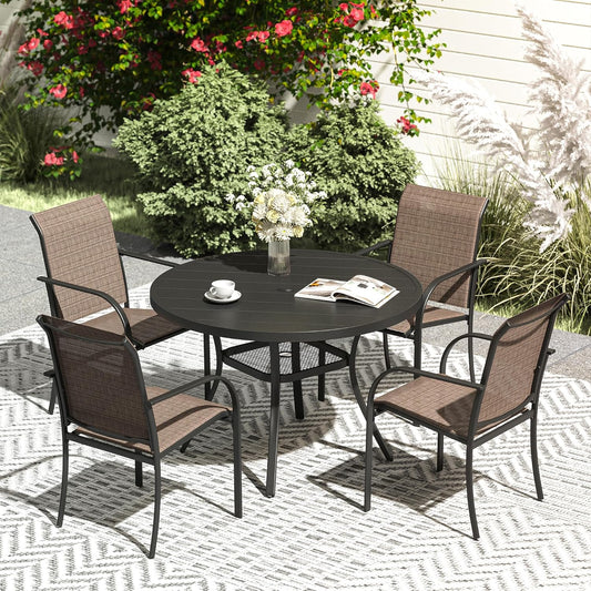 VICLLAX Patio Dining Set for 4, Outdoor Furniture Set Includes 41.2" Round Patio Table and 4 Patio Sling Chairs, Black Tabletop and Brown Fabric