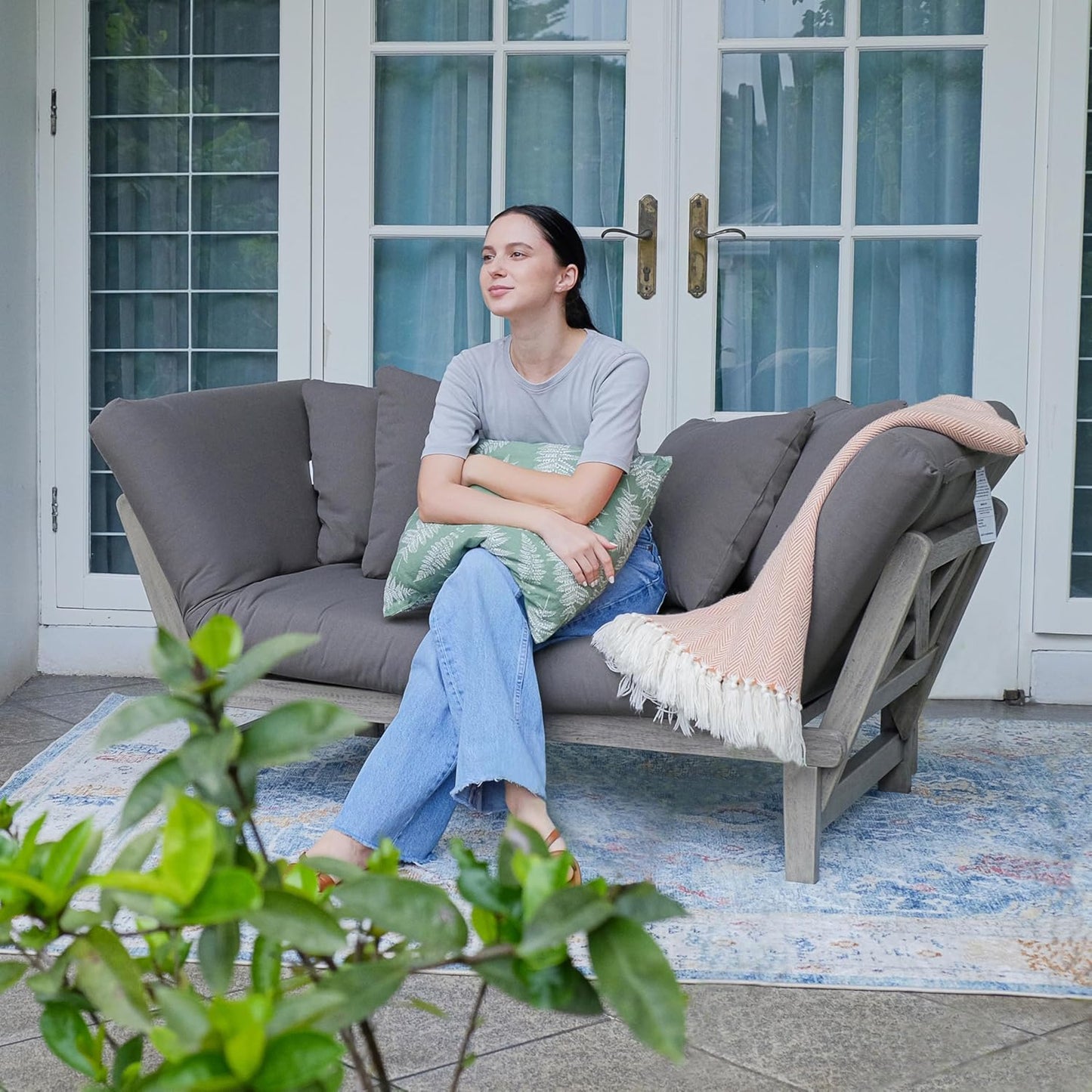 Cambridge Casual West Lake Mahogany Outdoor Convertible Sofa Daybed, Weathered Gray/Gray Cushion