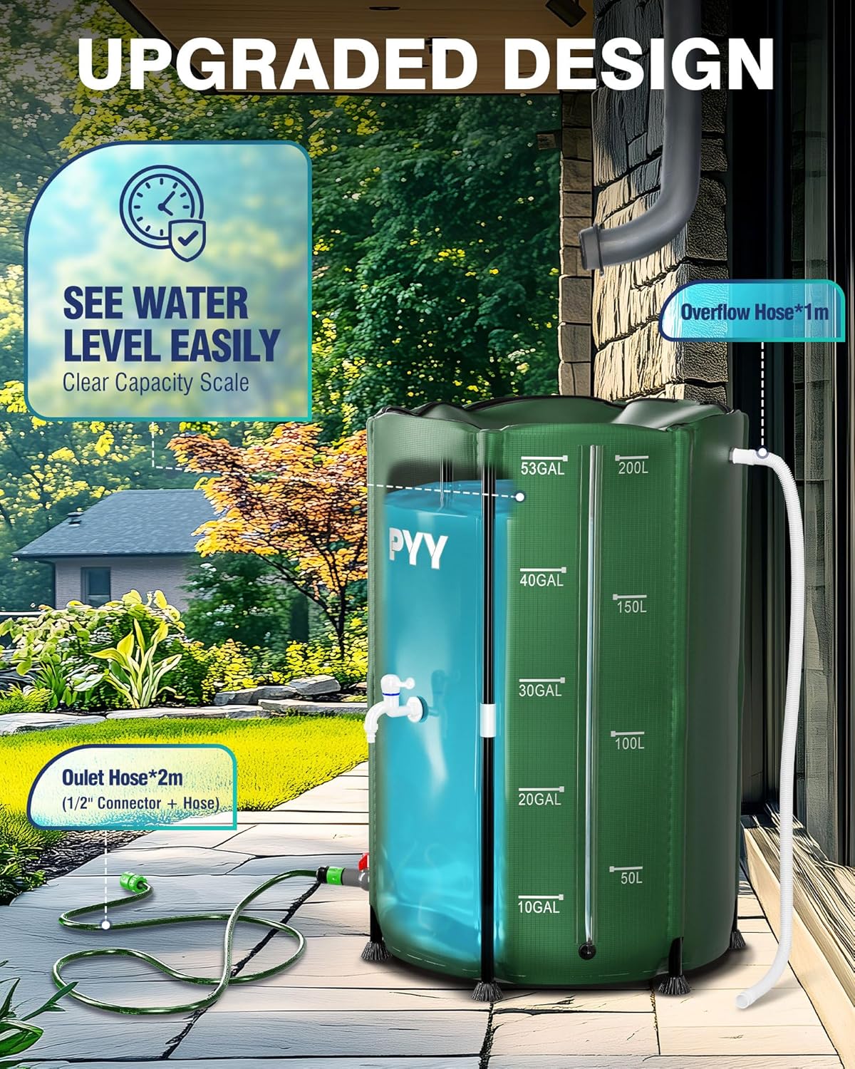 PYY Rain Water Collection Barrel - 53 Gallon Green Water Storage Tank with Spigots, Hose and Portable Bucket, Large Plastic Collapsible Rain Catcher Catchment System to Collect Rainwater from Gutter