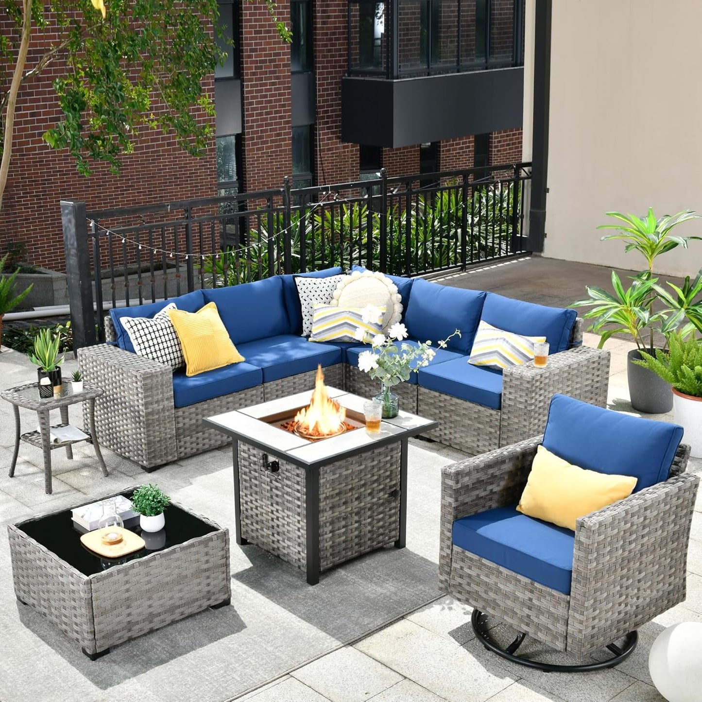 HOOOWOOO 9 Piece Modular Patio Outdoor Sectional Furniture Set with Gas Propane Fire Pit Table,Wicker Conversation Sofa Set with Swivel Chairs,Outside Couch Set(Navy Blue)