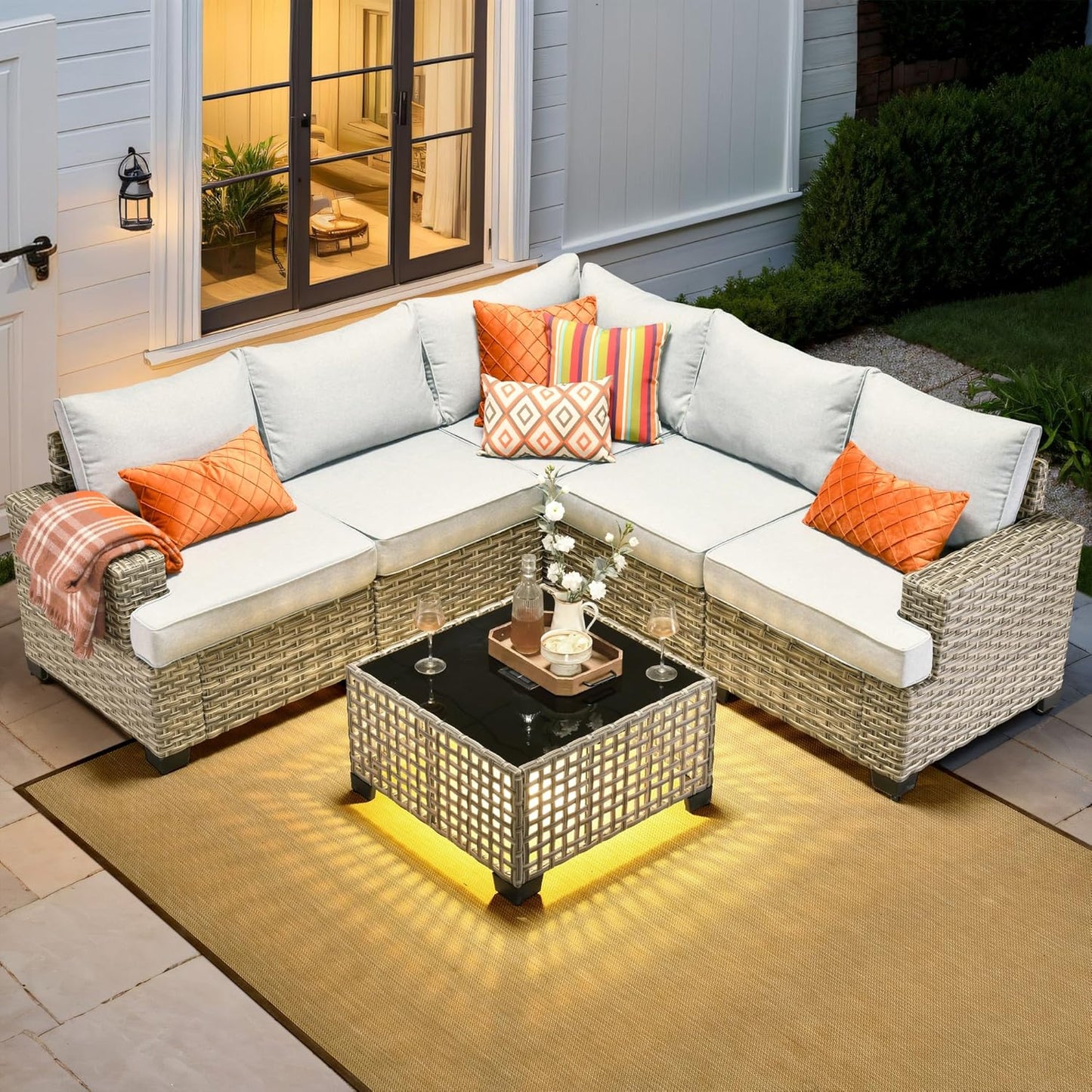 HOOOWOOO Outdoor Sectional Patio Furniture Set,6 Pieces Wicker Conversation Sets L Shaped Couch,Extra Deep Out Door Sofa Outside Furniture,Light Grey