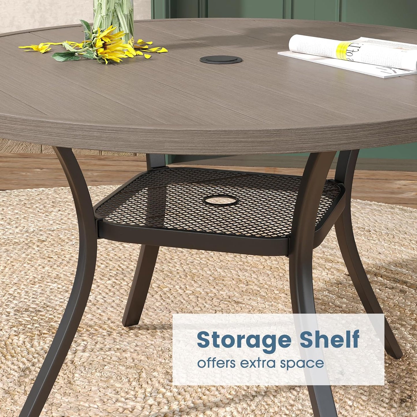 DIFY Outdoor Dining Table for 4, Round Patio Table with Umbrella Hole for Garden, Backyard and Porch (Grey)