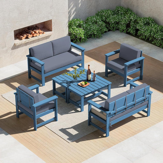 SERWALL 6 Pieces HDPE Outdoor Conversation Sofa Set with Cushions, All Weather Couch Loveseat Furniture with Coffee Table and Cushion, Outdoor Social Sofa Set, Blue Frame with Grey Cushions