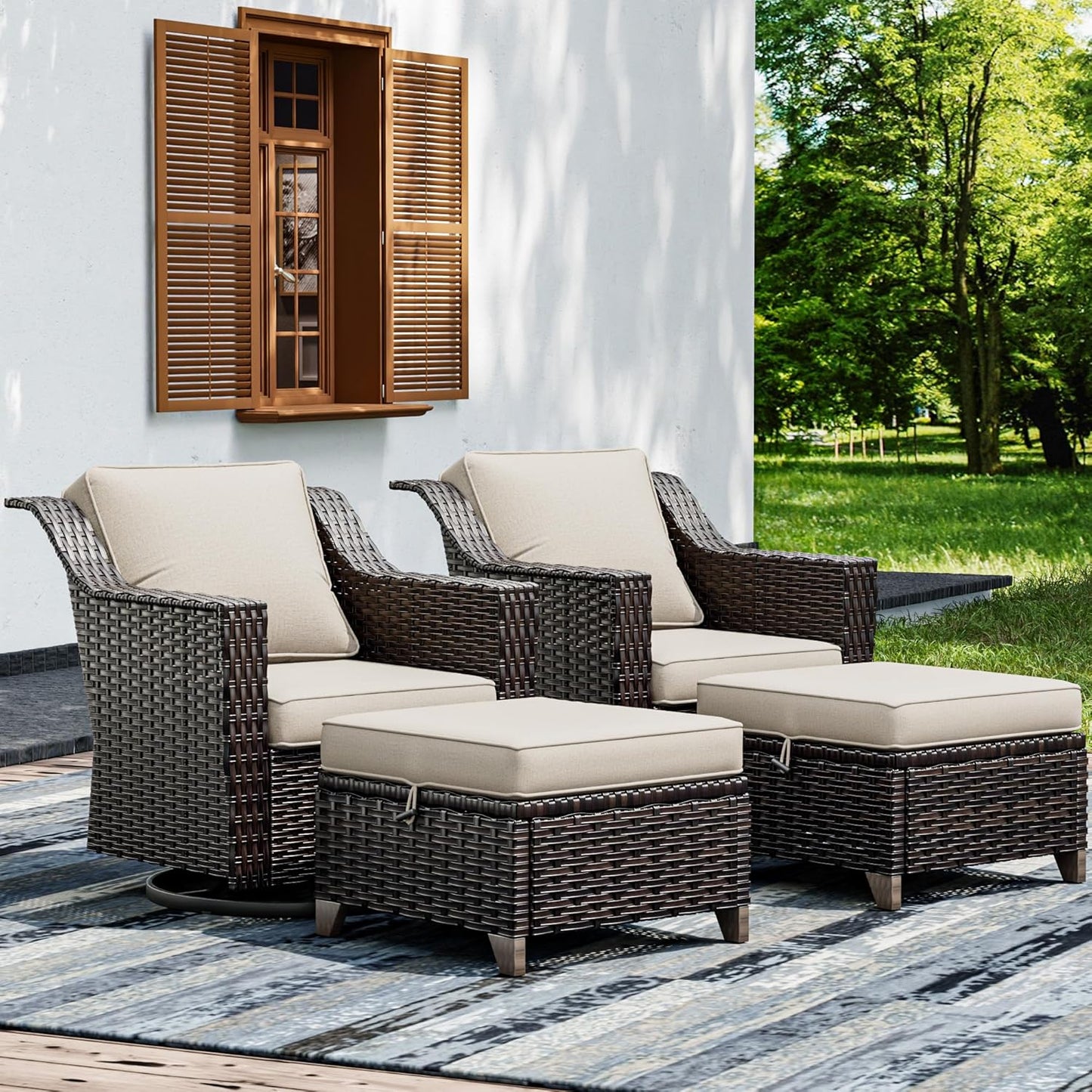 Joyside Wicker Patio Furniture Sets, 4 Pieces Upgraded Large Size Outdoor Furniture with Swivel Rocking Patio Chairs and Outdoor Ottoman, Thick Cushions, Wide Armrest