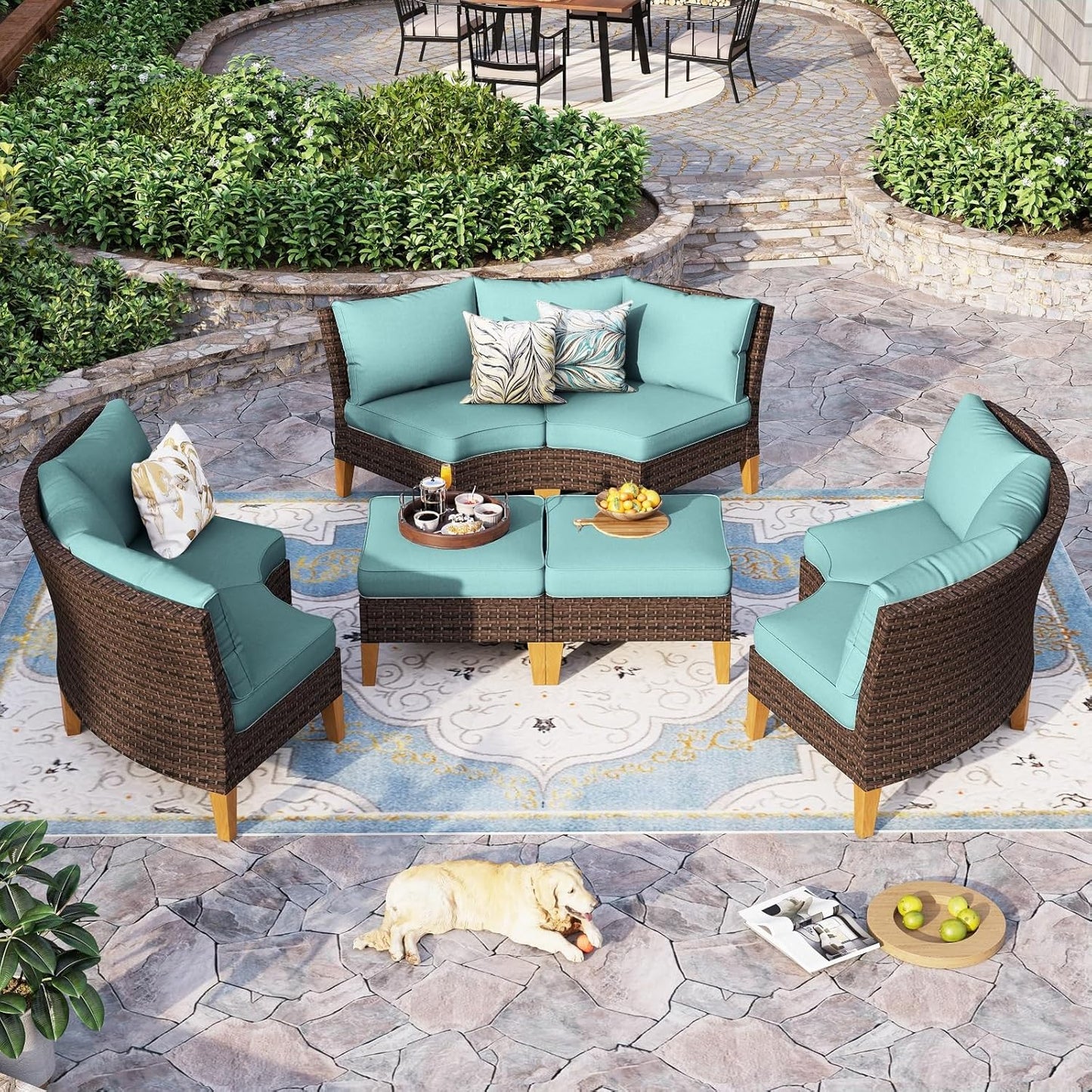 Sophia & William Outdoor Wicker Sectional Sofa Set, 8 Piece Half Moon Curved Patio Furniture Modern Outdoor Couch Conversation Set with Ottoman for Backyard, Pool, Garden(Aqua Blue)