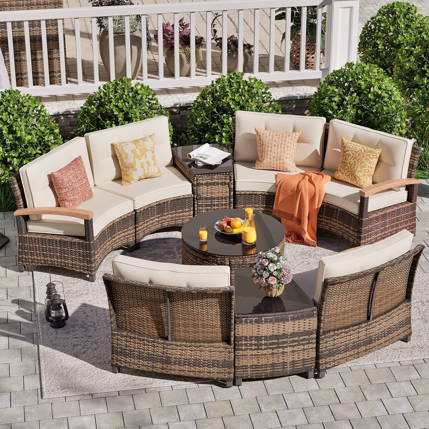 9 Piece Outdoor Patio Furniture Set, Half-Moon Curved Sectional Sofa Rattan Conversation Set with Wood Armrests, Coffee Table & Side Table（Brown）