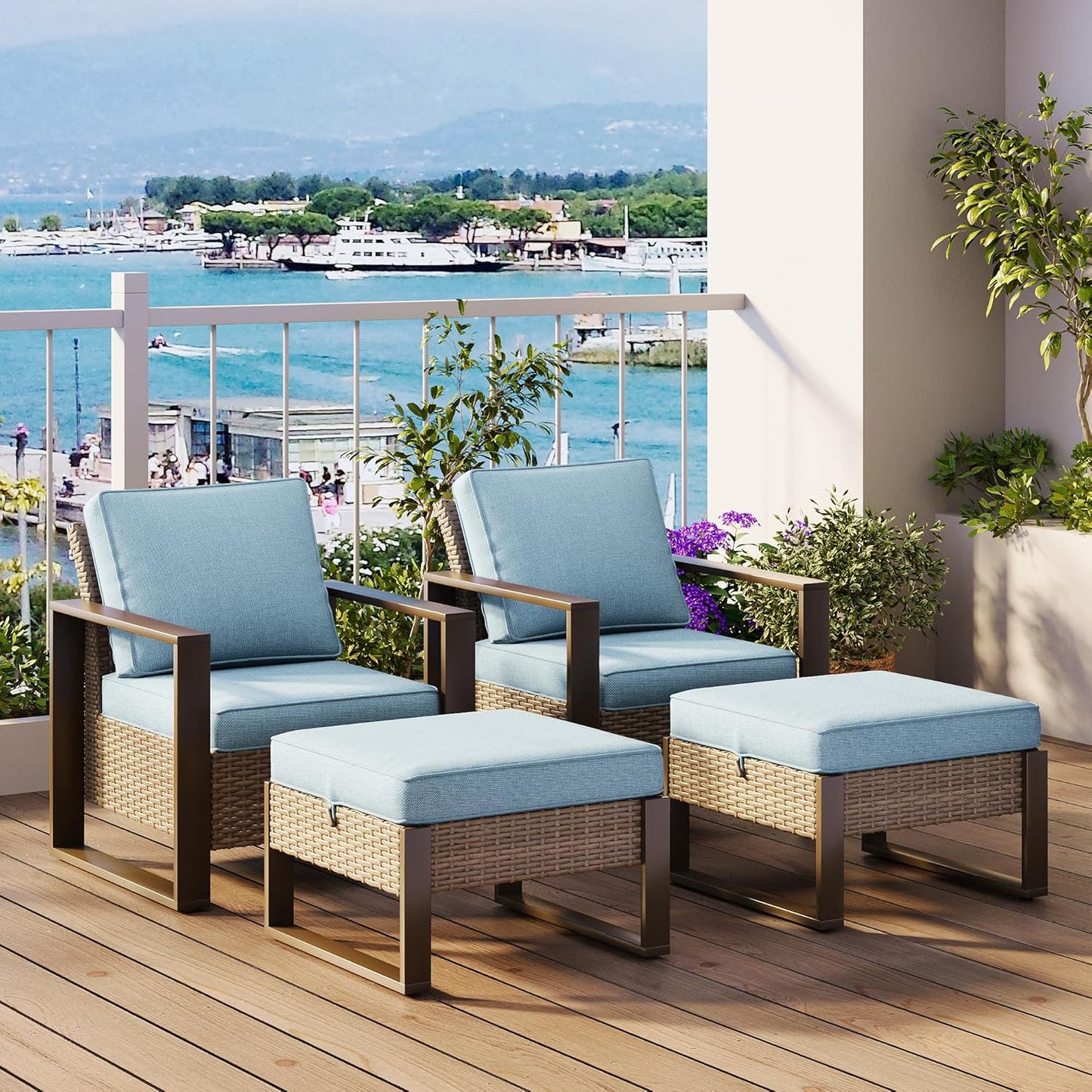 Outdoor Wicker Metal Chairs Set of 2 with Two Ottomans - 4 Pieces Patio Bistro Set with Rectangular Framed Wood-Looking Metal Armrest & Removable Cushions for Terrace, Baby Blue