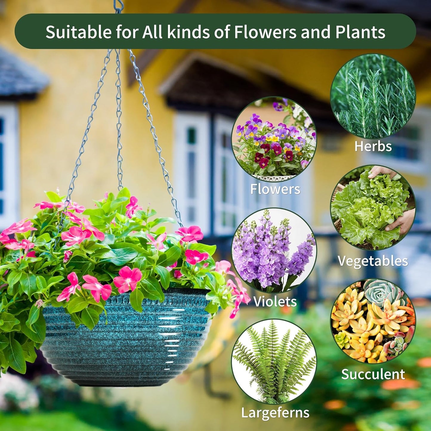 12 inch Hanging Planters for Indoor Outdoor Plants, 2 Pack Large Hanging Flower Pots with Drainage Holes and Chain, Glazed Hanging Baskets for Home Garden Decoration, Blue