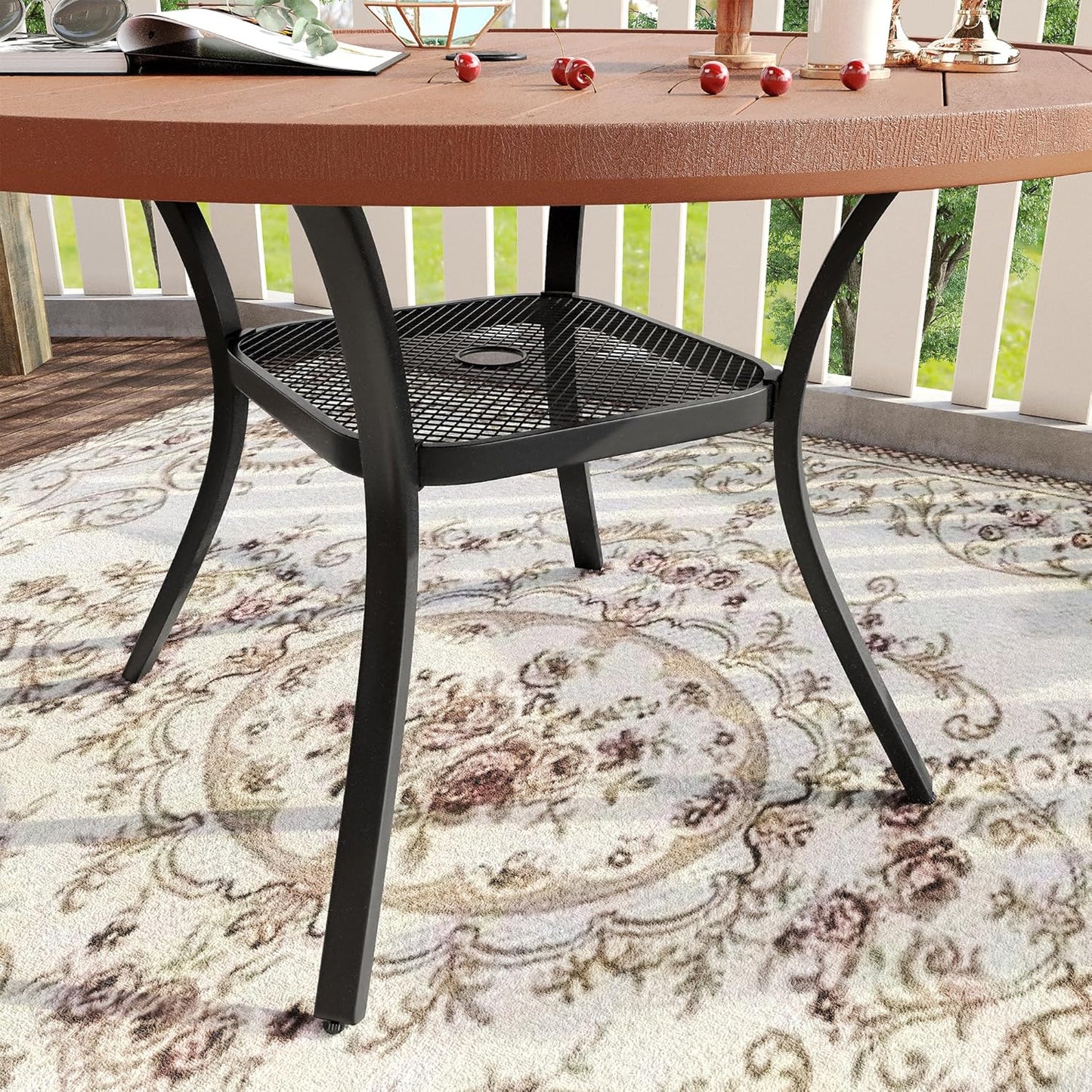 VICLLAX Round Patio Table with Adjustable Umbrella Hole for 4, All Weather Plastic Wood Grain Outdoor Dining Table for Lawn Garden, 41.7" Circle Outdoor Table, Walnut Tabletop