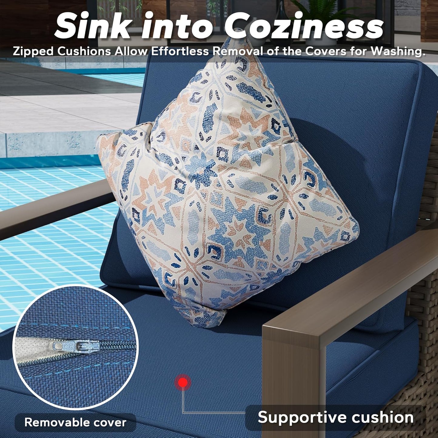 Outdoor Wicker Metal Chairs Set of 2 with Two Ottomans, 360 Degree Glider Rockers Armchairs, 4 Pieces Patio Bistro Set with Wood-Looking Metal Armrest for Poolside, Terrace, Dark Blue