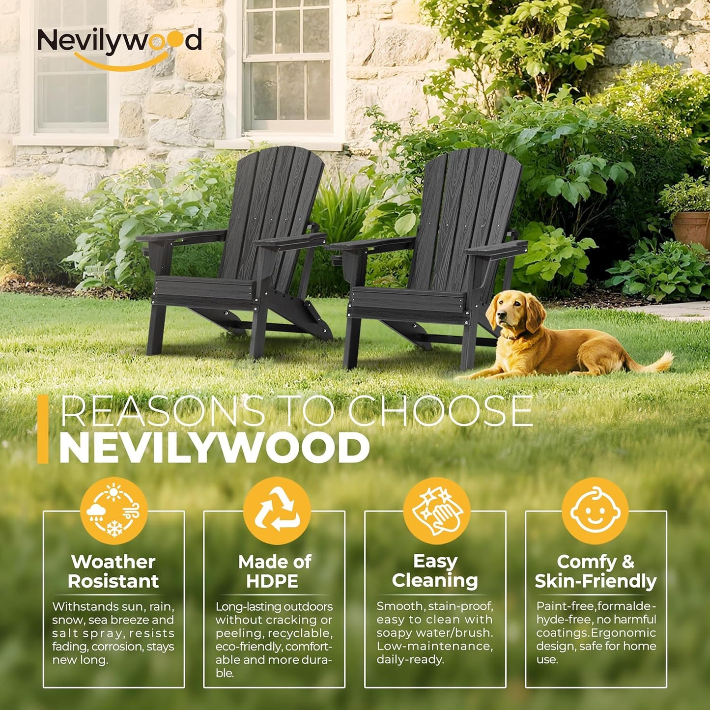 Folding Adirondack Chair - Extended Ergonomic Backrest, Cup Holder - Easy Assembly - Durable HDPE Plastic, Weather Resistant & Maintenance-Free - Lawn, Patio, Deck Supports 380lbs Black