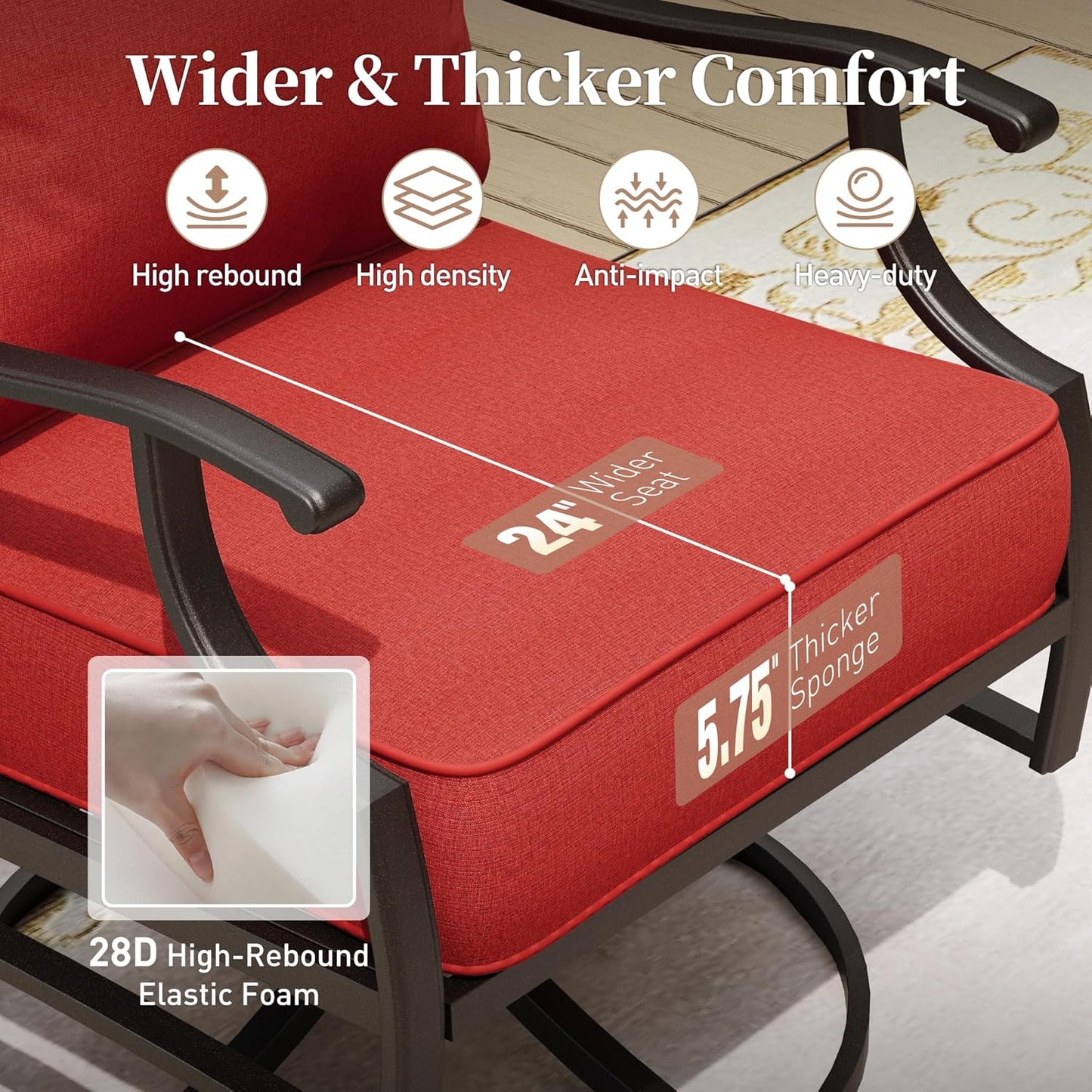 Metal Patio Chairs Set of 2 with 5.75" Extra Thick Cushion, 2 Pieces High Back Outdoor Patio Chairs All Weather Outdoor Furniture Seating for Deck Backyard Balcony Front Porch, Red