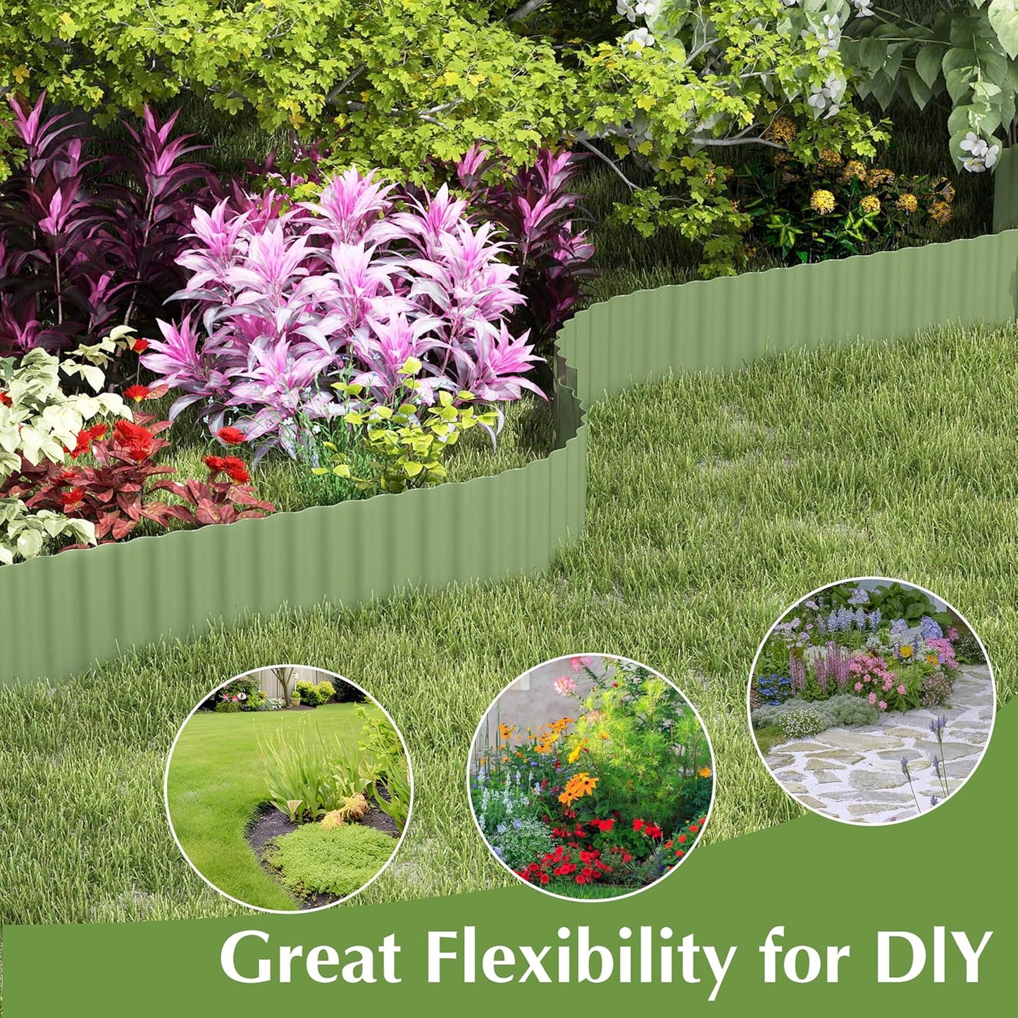 Metal Garden Edging Border, Corrugated Steel Landscaping, DIY for Lawn (Green, 8 Inch x 10FT)