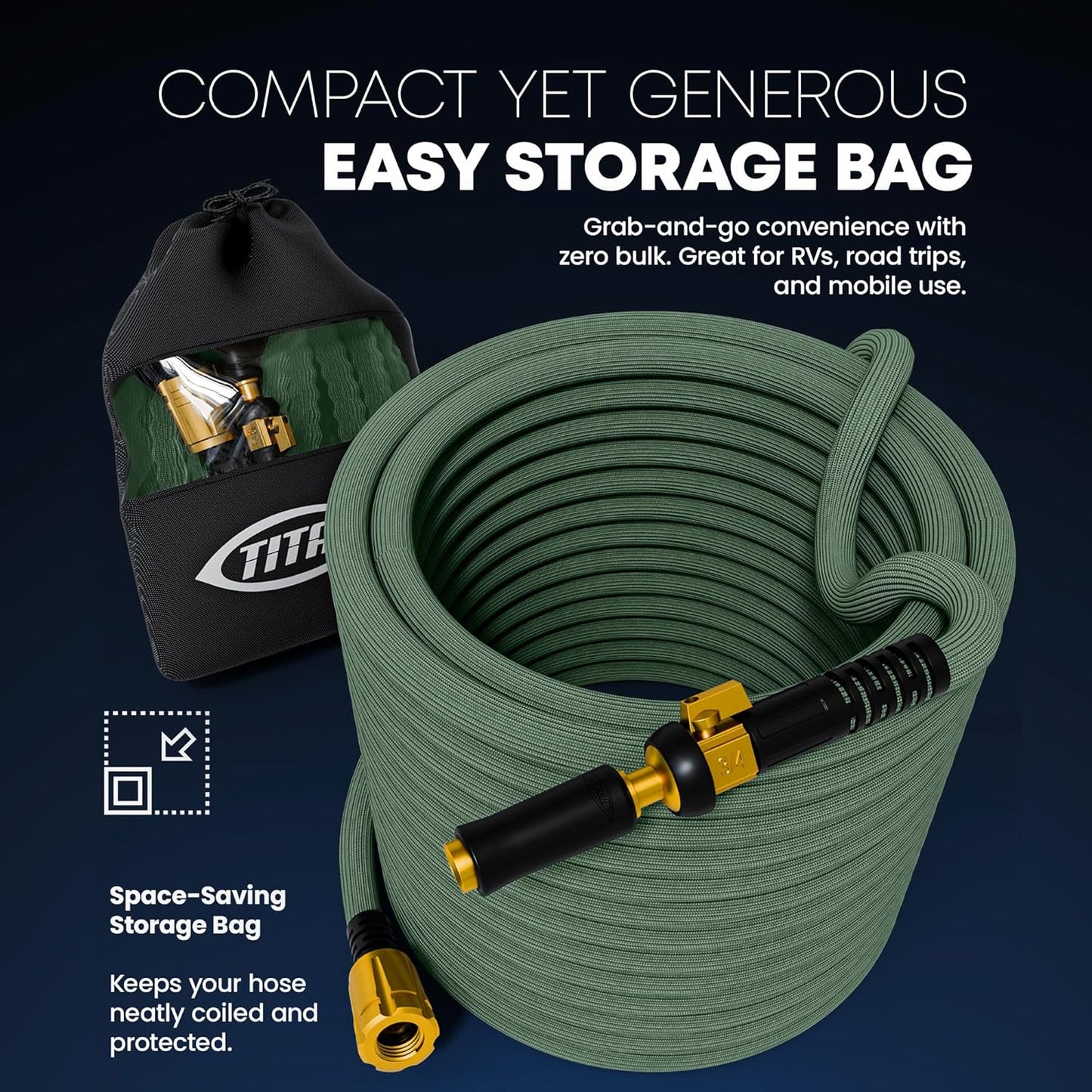 TITAN Flexible Garden Hose 15FT – Ultra Lightweight, Heavy Duty Water Hose with Brass Fittings & Jet Nozzle – Kink-Free, Non-Expanding, Durable Fabric Hose for Yard, Lawn, Car Wash, Outdoor Use