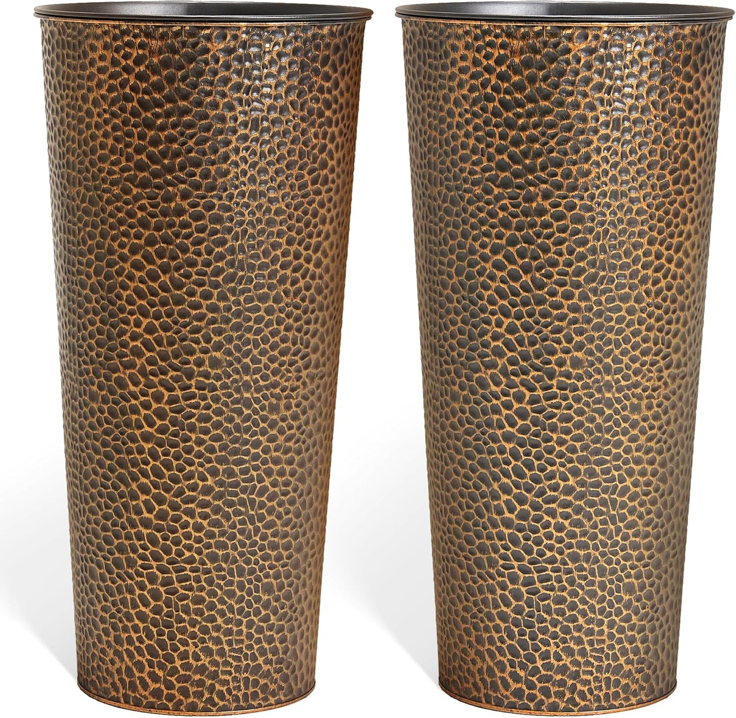 KOL 28" H. Tall Metal Cone Planters with Inner Pots 2-Pack, Bronze Hand-Hammered Large Decor Planter for Deck, Patio, Porch - Handcrafted Flower Pot - with Water Level Indicator - Indoor Outdoor Use