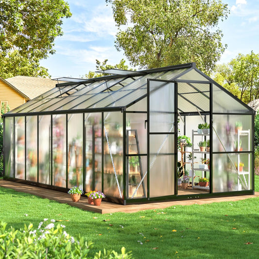 WKM 8x16 FT Greenhouse for Outdoors, Polycarbonate Greenhouse with Roof Vent and Quick Setup Structure, Aluminum Greenhouse for Garden Backyard, Black